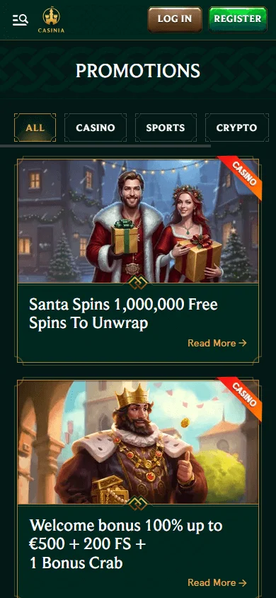 Casinia Casino mobile promotions interface with bonuses and tournaments