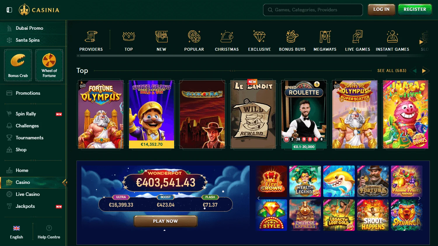 Casinia Casino desktop games interface with pokies and game categories