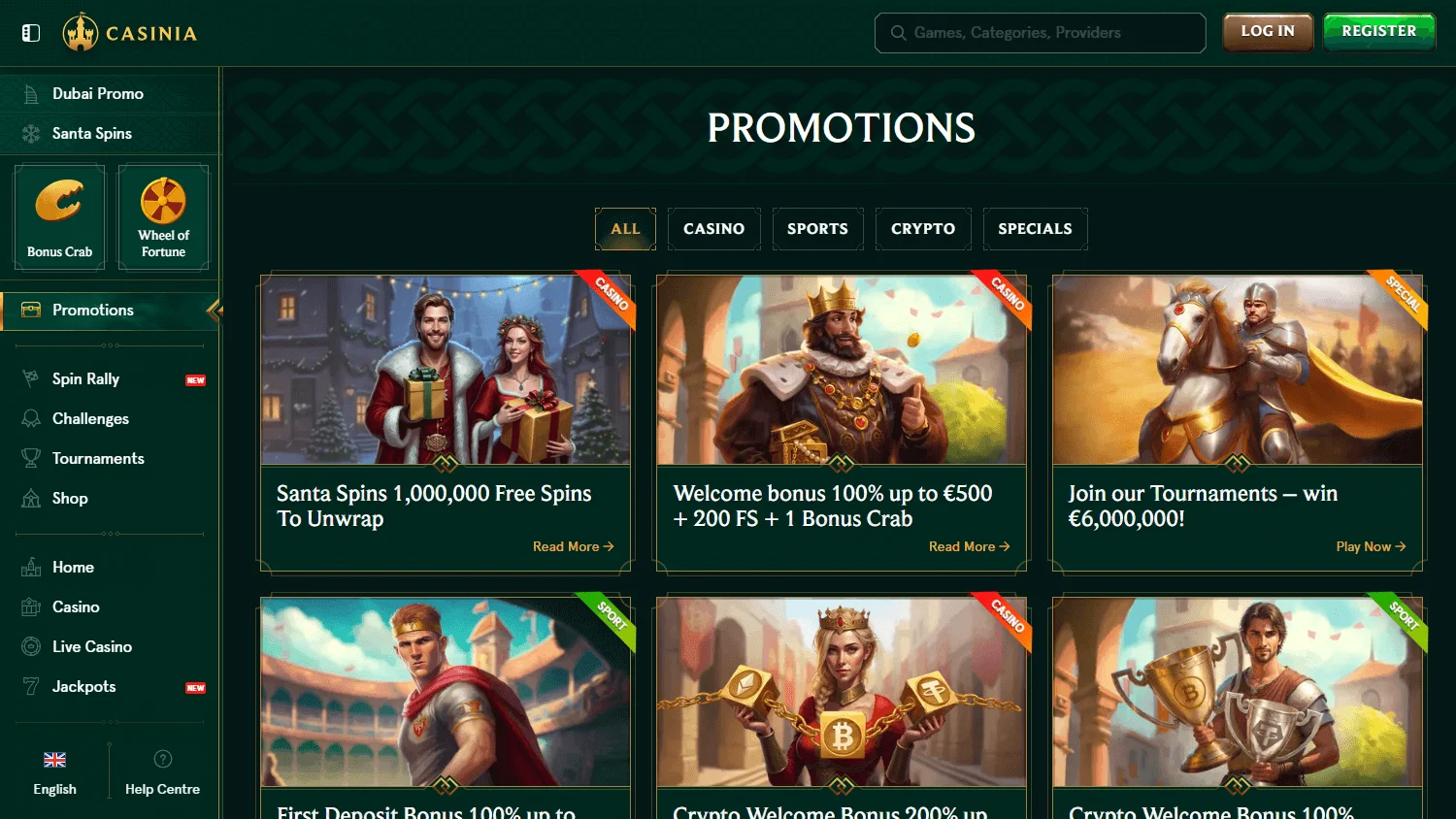Casinia Casino desktop promotions interface with welcome, reload and cashback offers