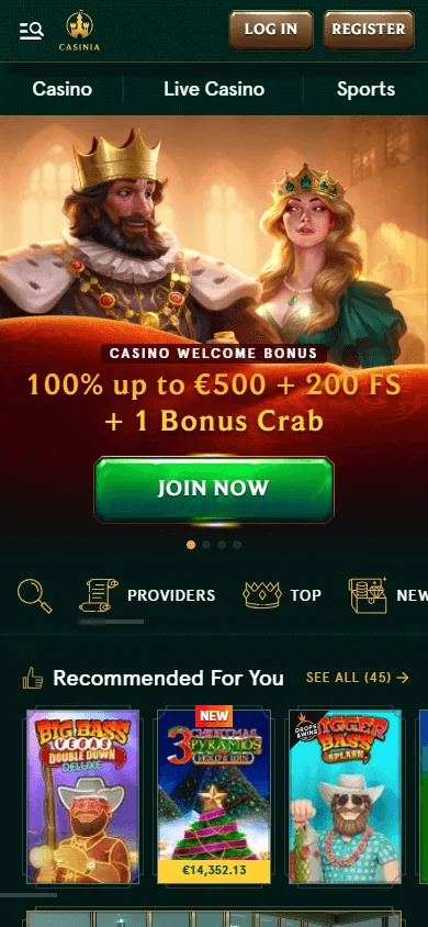 Casinia Casino mobile browser home interface with casino and sportsbook access