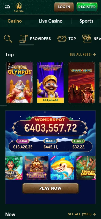 Casinia Casino mobile games interface with pokies and game filters