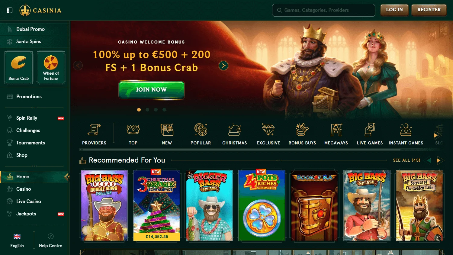 Casinia Casino desktop home interface with casino, live casino and sportsbook sections